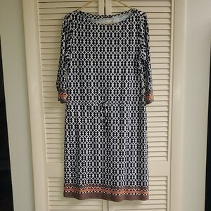 J. McLaughlin Navy and White Geometric Midi Dress with Brown Trim